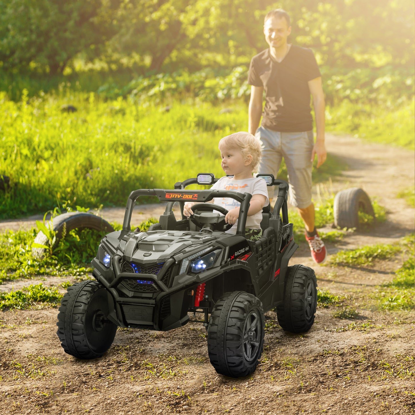 AIYAPLAY 24V Black 2-Seater Kids Electric Ride-On Car with Remote Control, Suspension, Slow Start & 3 Speed Options for Ages 3-8