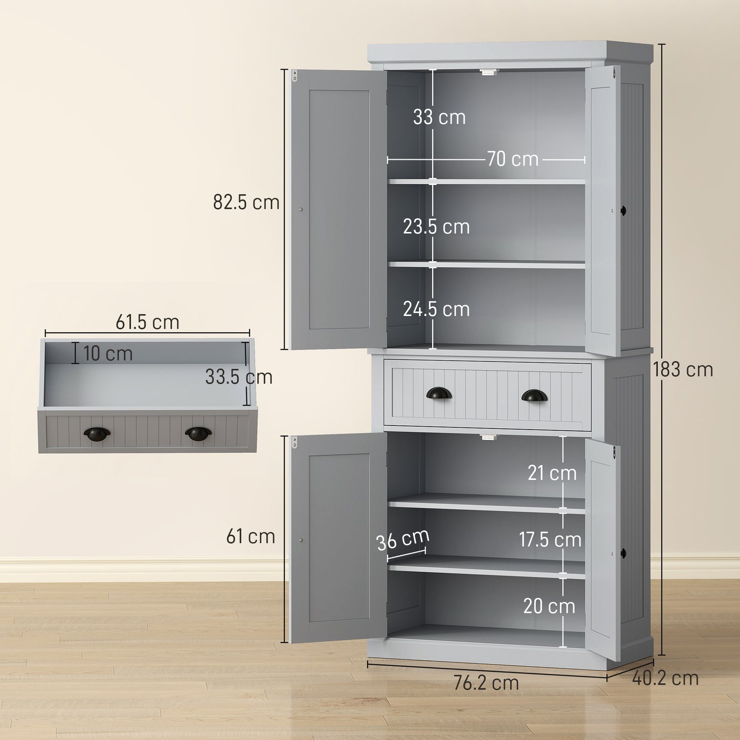 HOMCOM Multi Storage Mid Century Pantry Kitchen Cabinet Grey With 4 Doors And 3 Adjustable Shelves