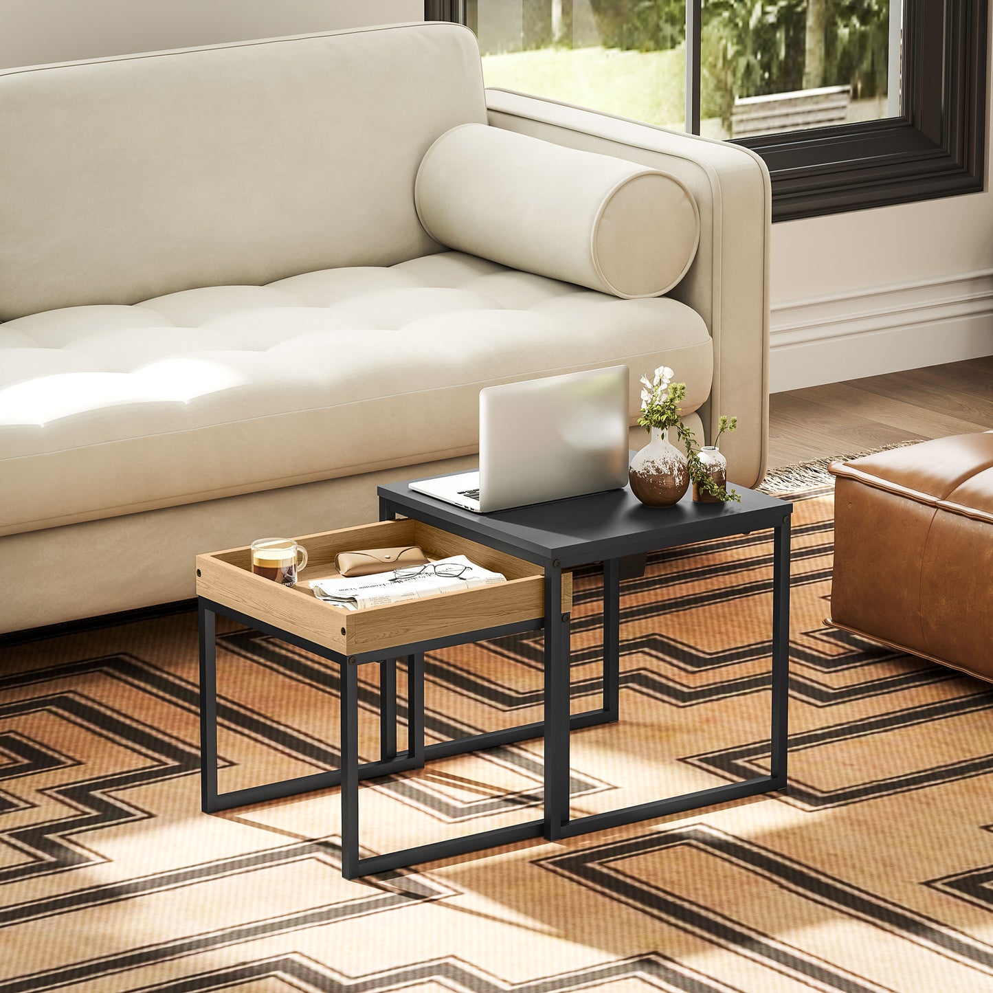 HOMCOM Set Of Two Boxy Nesting Tables Black And Wood Effect Tray Top End Tables Versatile