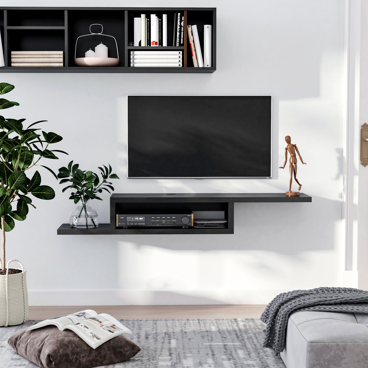 HOMCOM Floating TV Unit Wall Mounted with Open Shelf and 2 Cable Holes Black Entertainment Console for Living Room