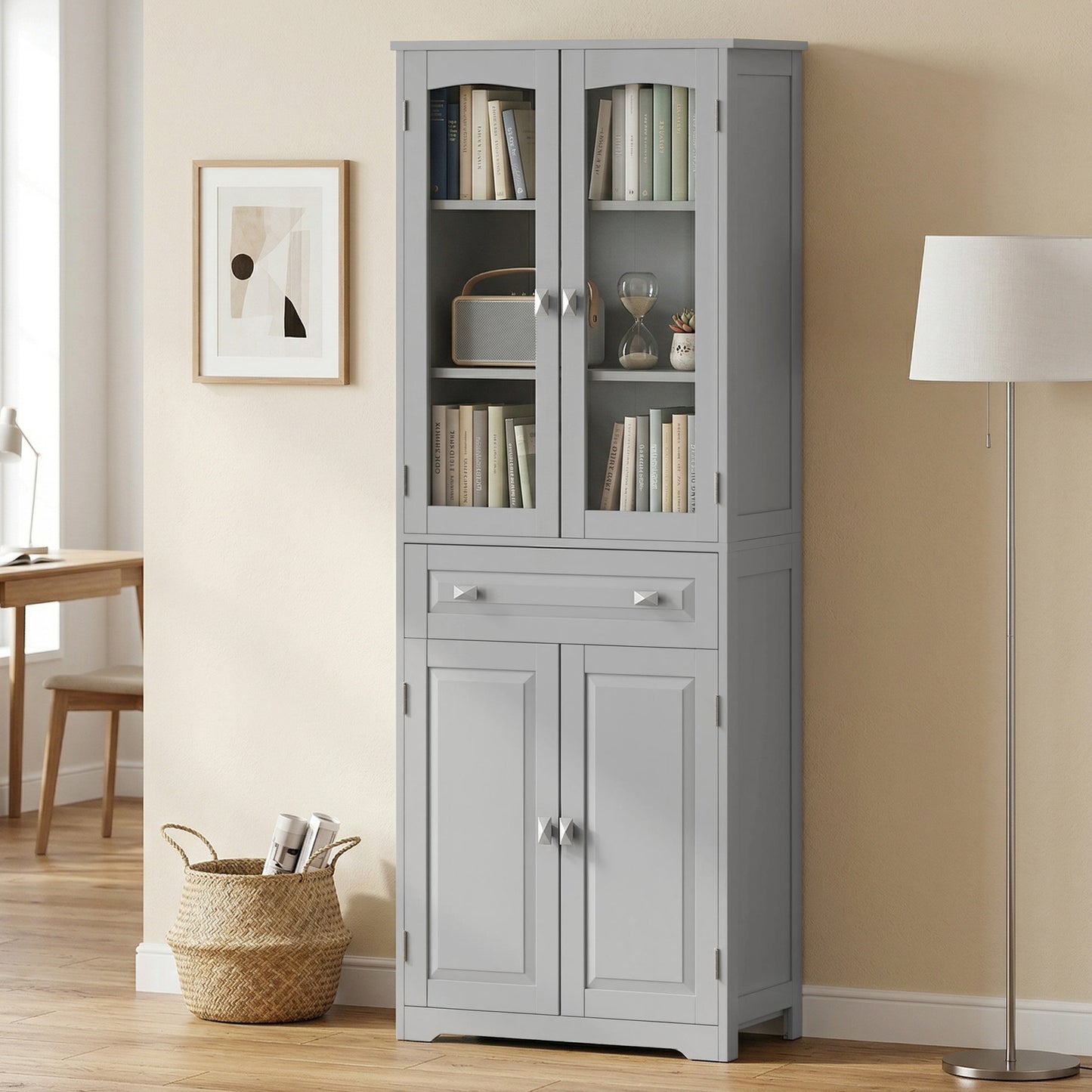 HOMCOM Freestanding Kitchen Cupboard With 2 Adjustable Shelves Drawer Glass Door Living Room Grey