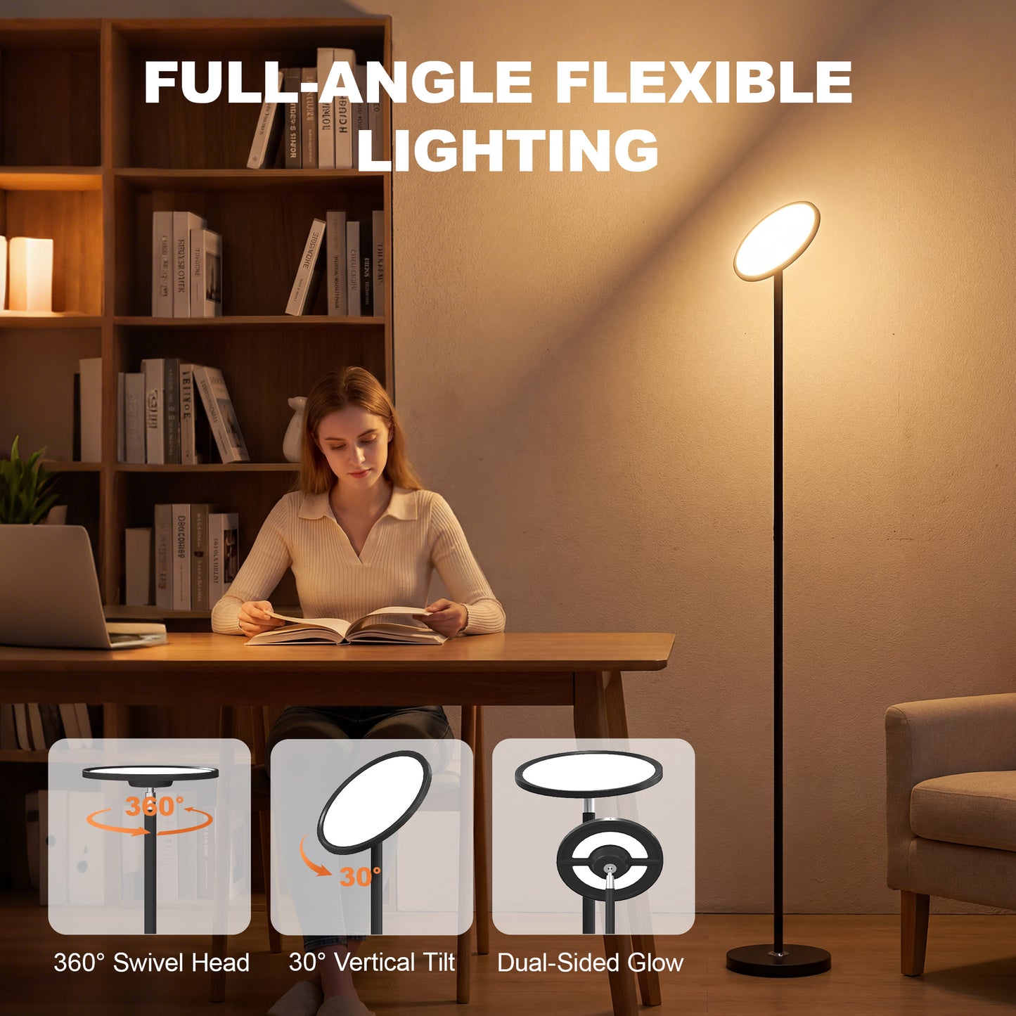 HOMCOM Uplighter Floor Lamp With Tuya App And Music Sync, Adjustable Head For Living Room And Bedroom, Black