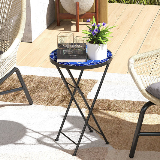 Outsunny Mosaic Outdoor Garden Table 35.5cm Round Folding Coffee Table With Metal Frame For Balcony Terrace Navy Blue
