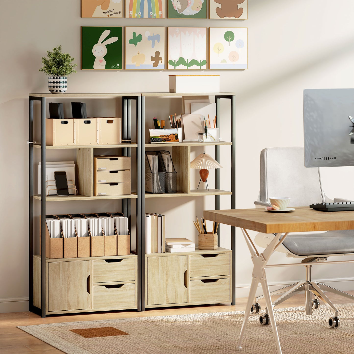 HOMCOM 4 Tier Bookcase With Cabinet And 2 Drawers Natural Wood Industrial Loft Style For Living Room Bedroom And Study