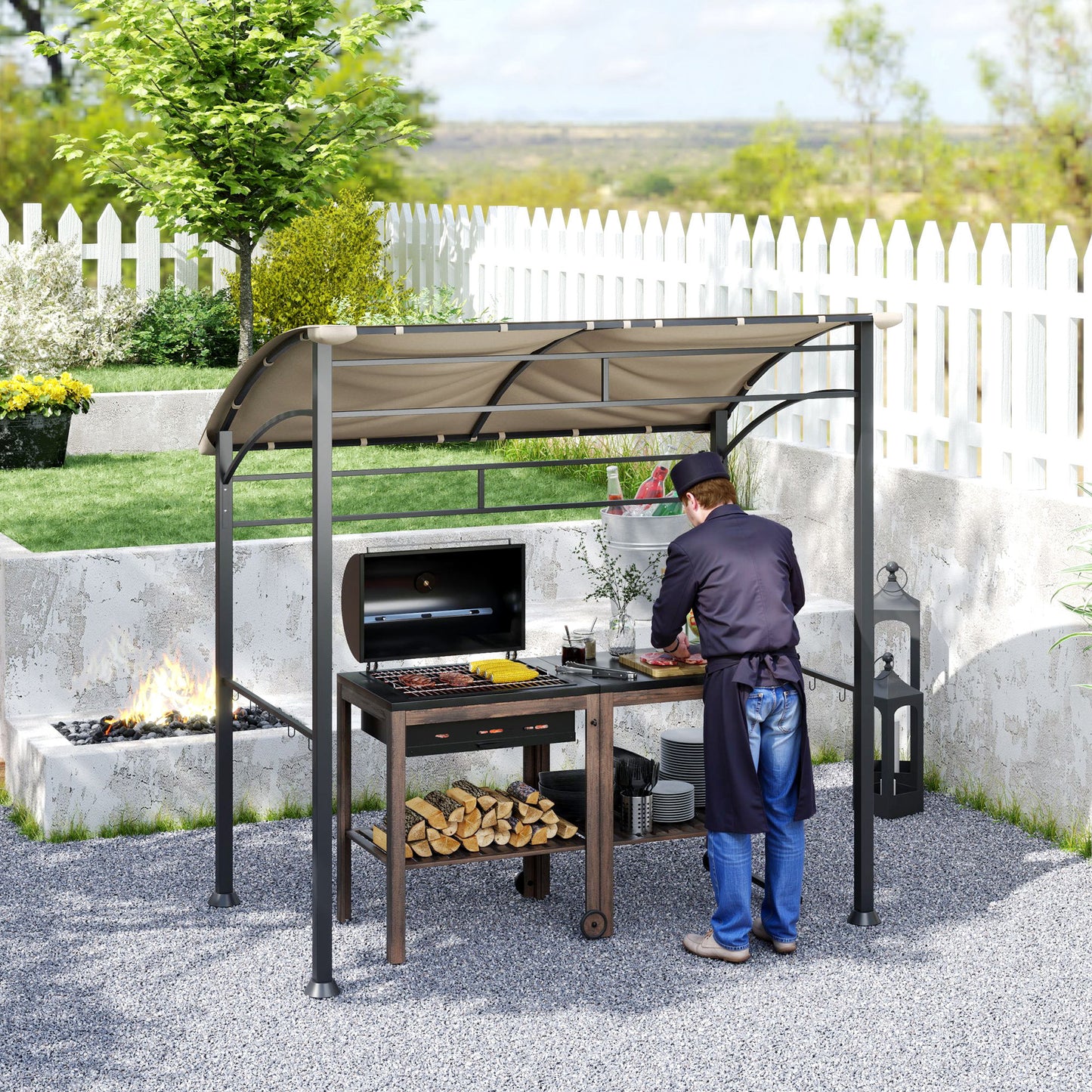 Outsunny 2.2m X 1.5m BBQ Gazebo Tent With Metal Frame Curved Canopy And 10 Hooks Outdoor Shade Khaki