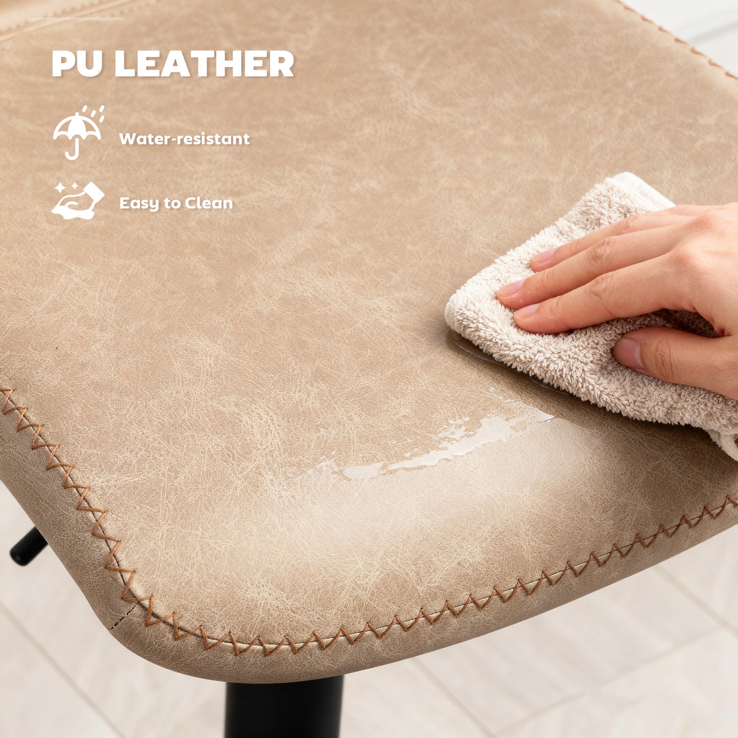 HOMCOM Bar Stools Set of 2 PU Leather With Backrest and Footrest Adjustable Height for Kitchen Counter Light Brown