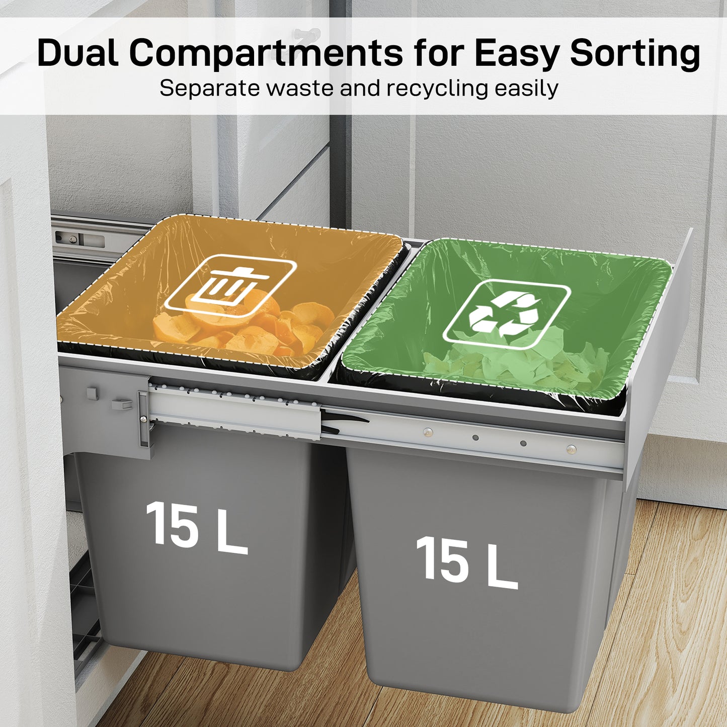 HOMCOM Under Sink Pull Out Bin With Dual 15L Compartments For 400mm Cabinets Light Grey Soft Close
