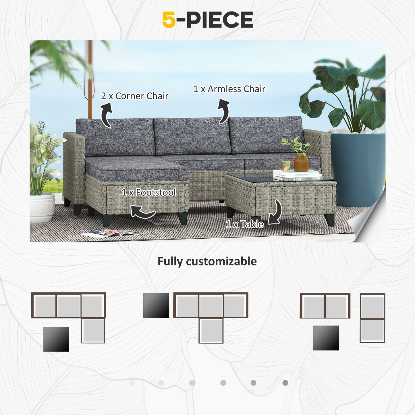 Outsunny 5 Piece Rattan Patio Furniture Set With Corner Sofa Footstools And Coffee Table For Poolside Dark Grey