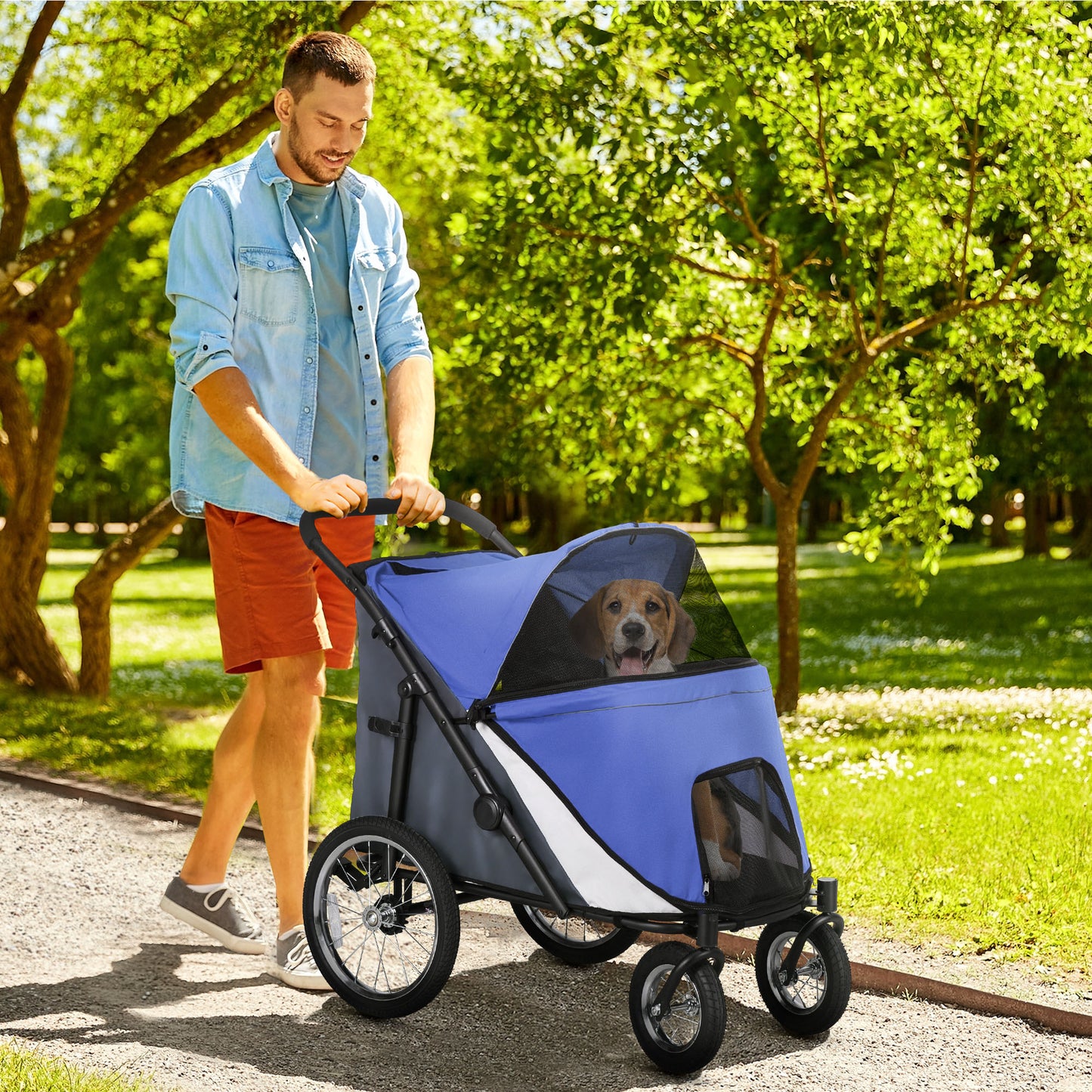 PawHut Blue Foldable Pet Stroller with Washable Cushion and Storage Bags for Medium to Large Dogs and Cats - Perfect for Travel - ALL4U RETAILER LTD