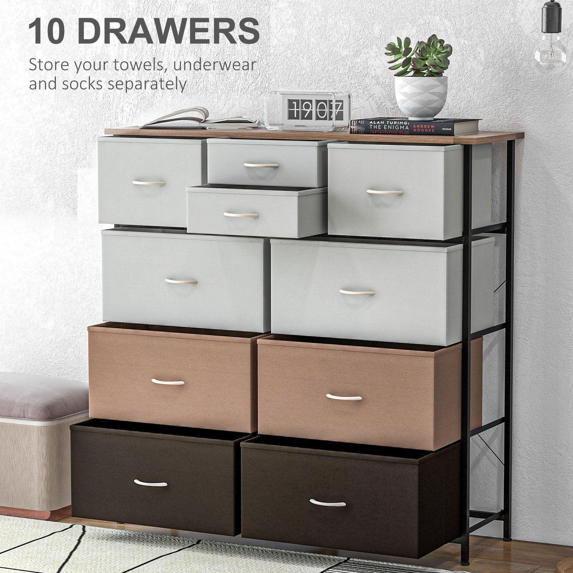 HOMCOM Bedroom Chest of Drawers, 10 Drawer Dresser with Foldable Fabric Drawers and Steel Frame, Multicolour - ALL4U RETAILER LTD