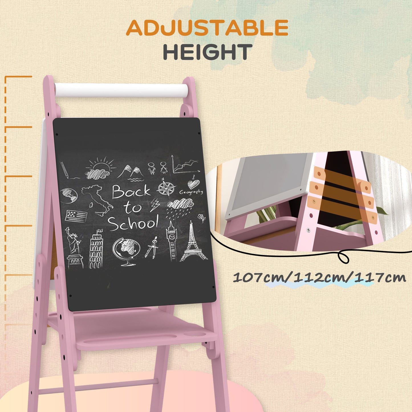 AIYAPLAY Three In One Kids Easel With Paper Roll Blackboard Whiteboard Adjustable Height Pink