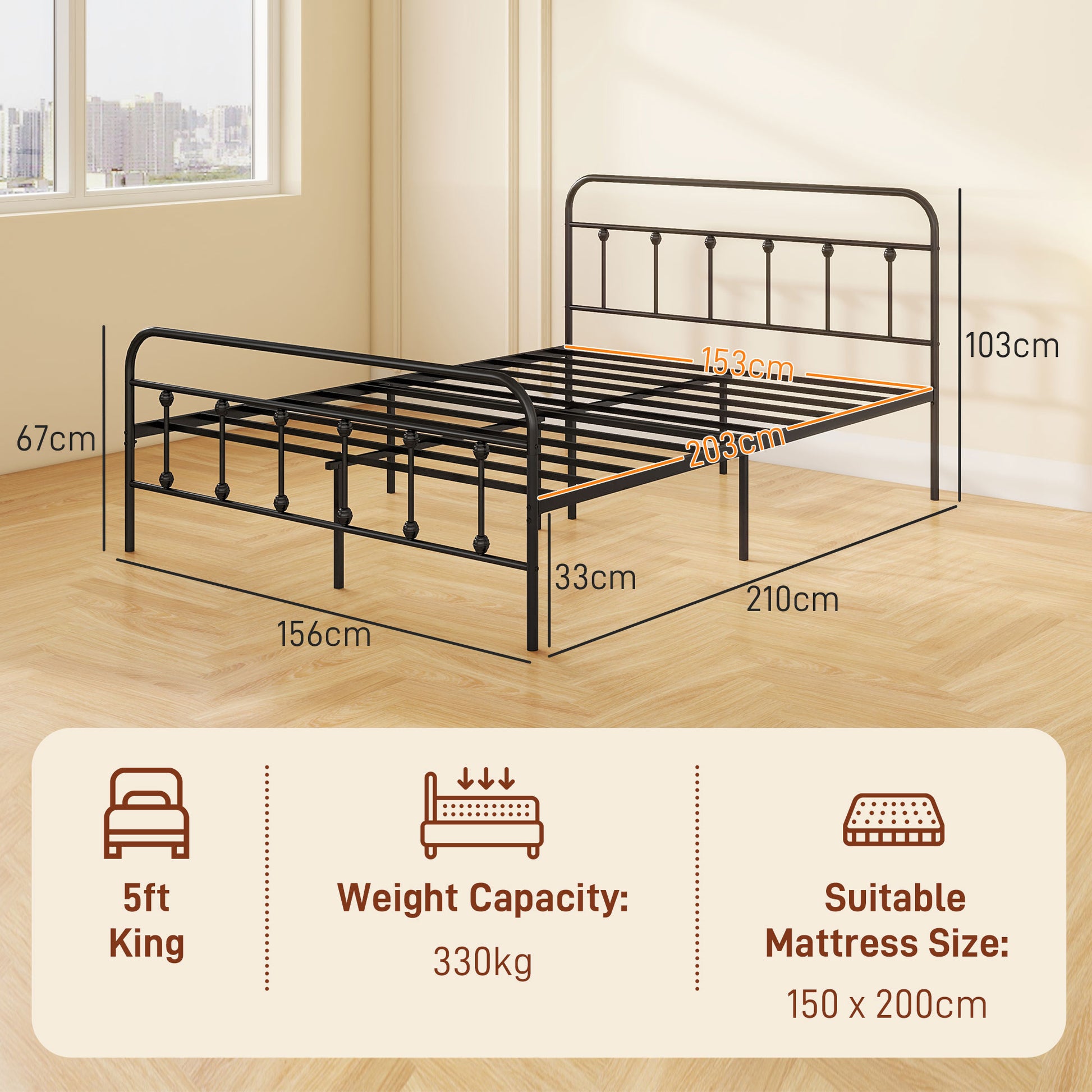 HOMCOM 5ft King Size Metal Bed Frame with Storage Space and Tall Headboard - Easy Assembly, No Box Spring Required, Black Finish - ALL4U RETAILER LTD