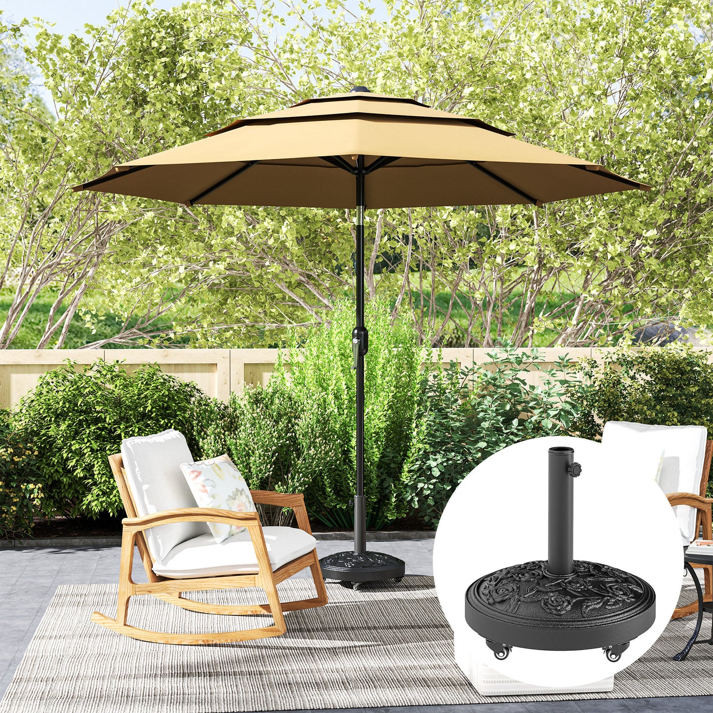 Outsunny Parasol Base With Wheels Cast Iron Effect Weather Resistant Black For Umbrella Canopy Patio Garden