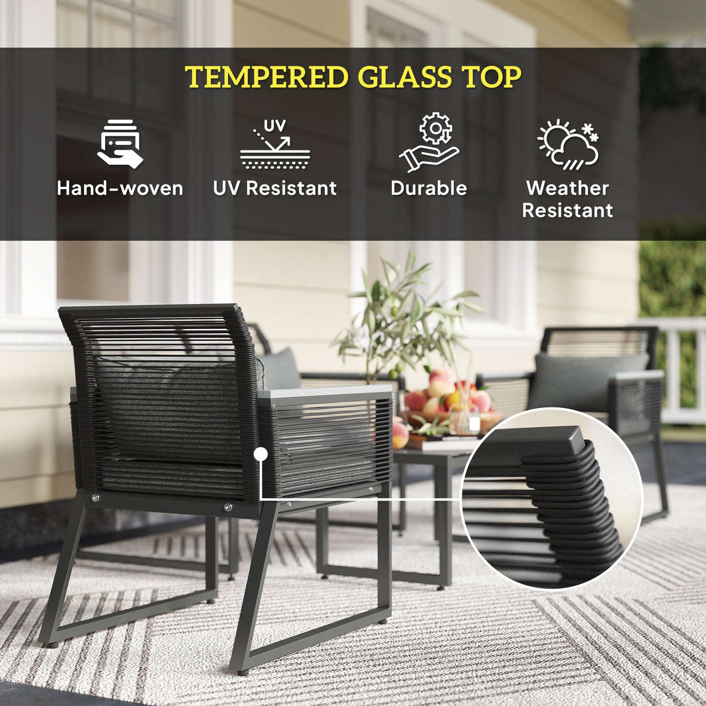Outsunny Four Piece Rattan Garden Furniture Set Charcoal Grey Outdoor Patio With Coffee Table Wood Top