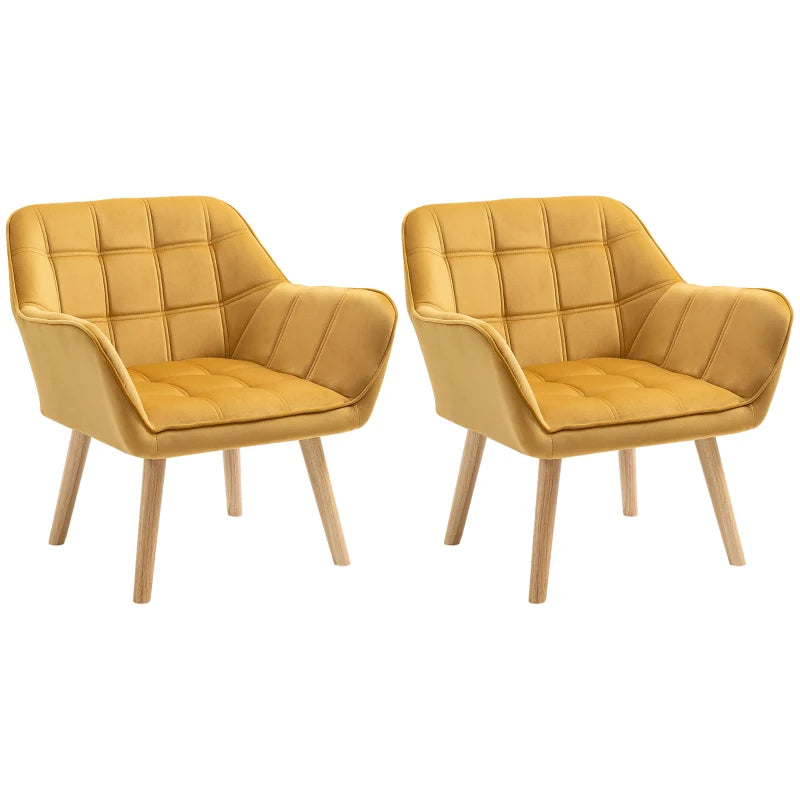 HOMCOM Set Of 2 Modern Yellow Armchairs with Wide Arms, Slanted Back, Rubber Wood Legs - Ideal for Living Room, Bedroom, Home Office Décor