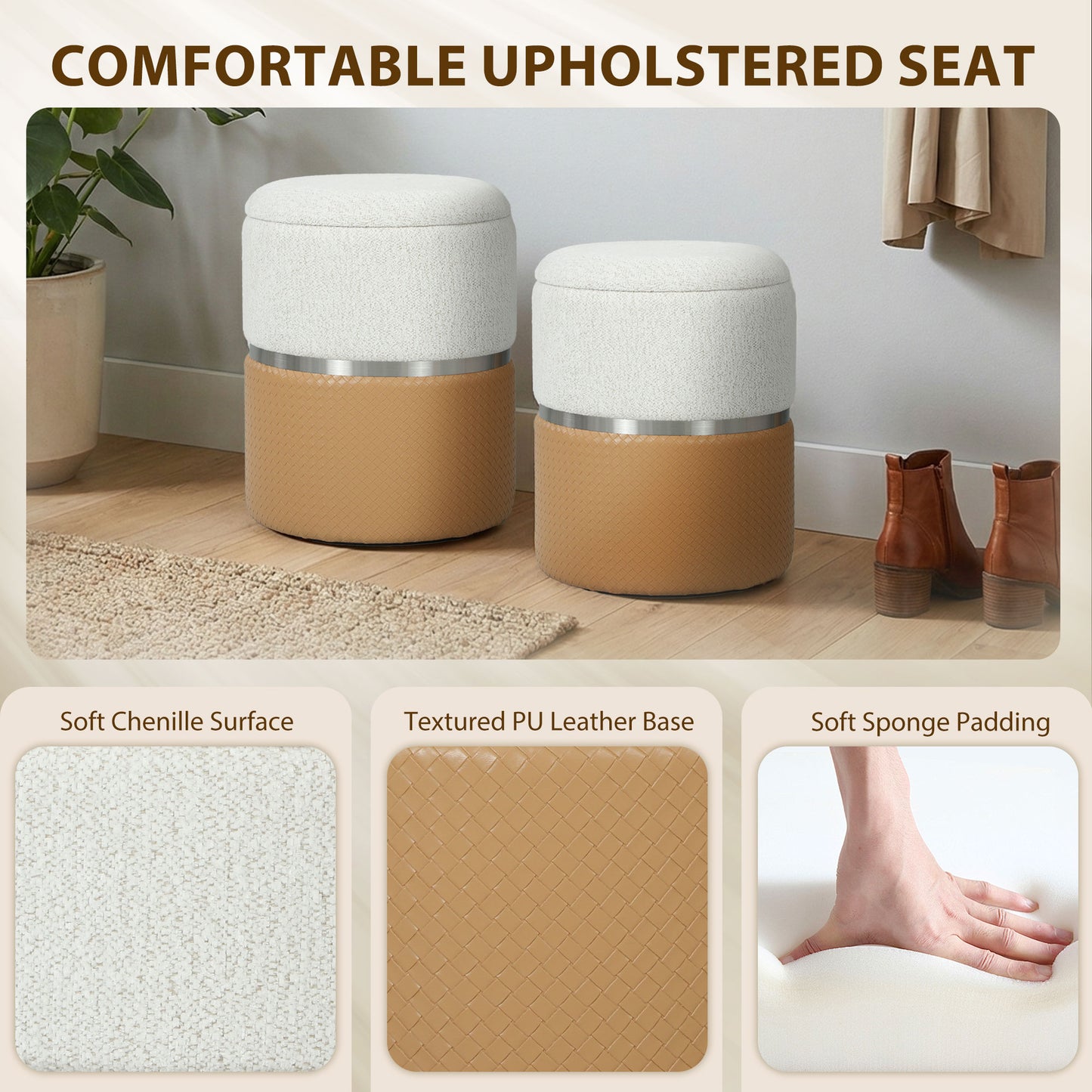HOMCOM Nesting Round Ottomans With Storage Set Of 2 Cream And Brown Chenille Two Tone