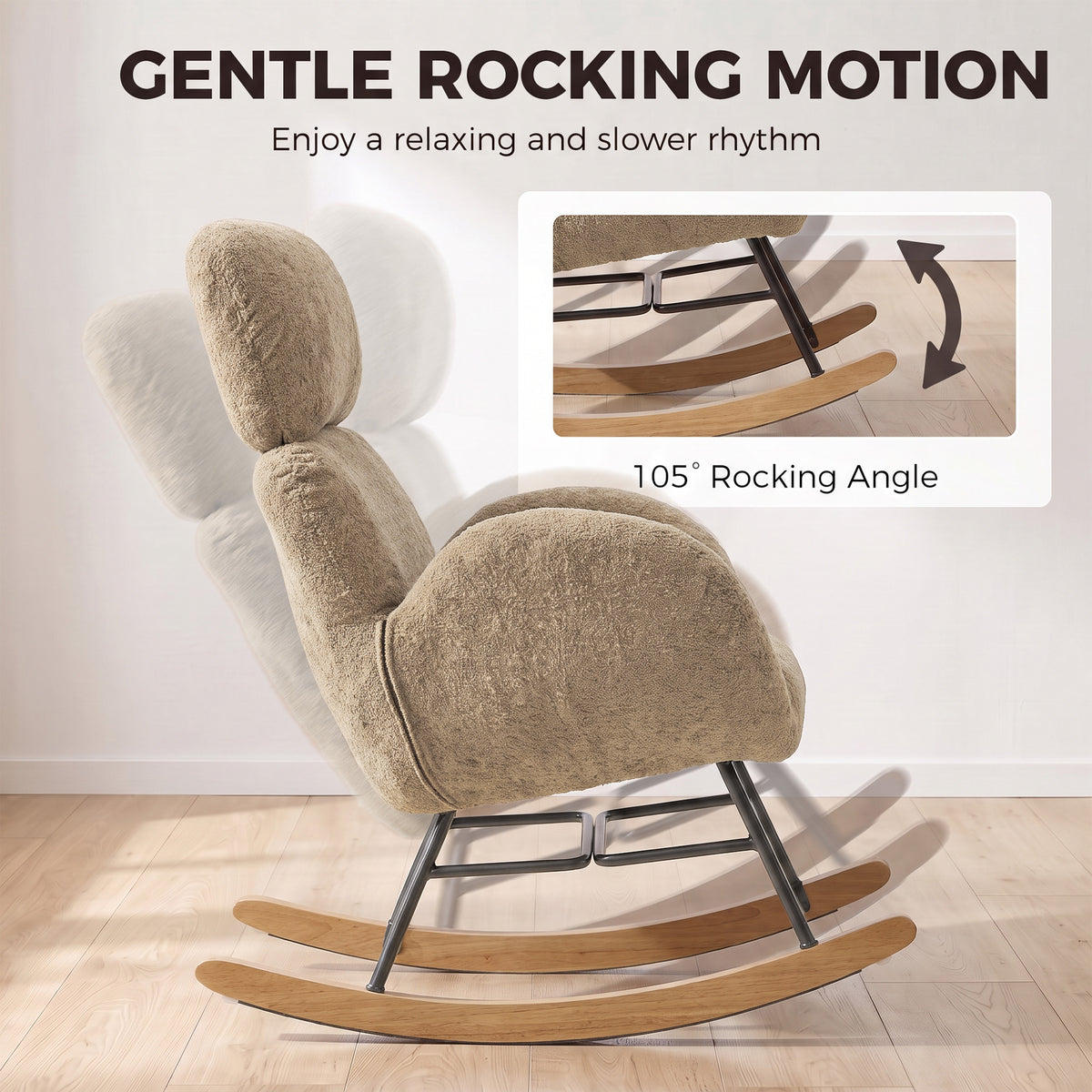 HOMCOM Upholstered Rocking Chair with Adjustable Headrest Light Brown Velvet