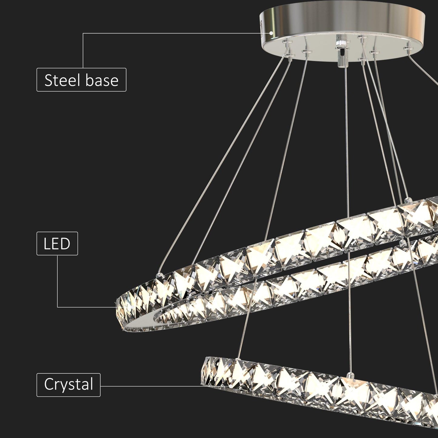 HOMCOM Modern LED Chandelier with Crystal Rings, Dimmable Ceiling Light - ALL4U RETAILER LTD