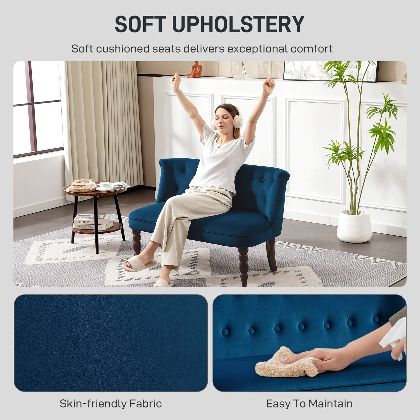 HOMCOM Velvet 2 Seater Sofa Button Tufted Wingback Loveseat Rubber Wood Legs Dark Blue for Living Room Bedroom