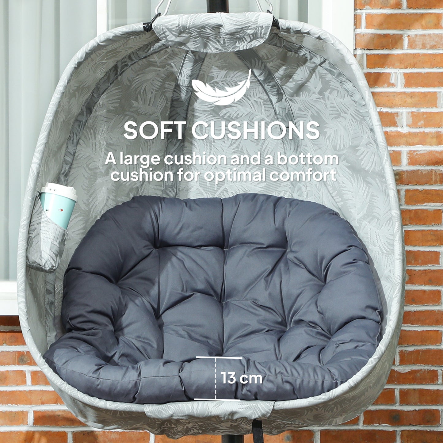 Outsunny Hanging Egg Chair With Stand Folding Basket Thickened Cushion Cup Holder For Patio Balcony Grey
