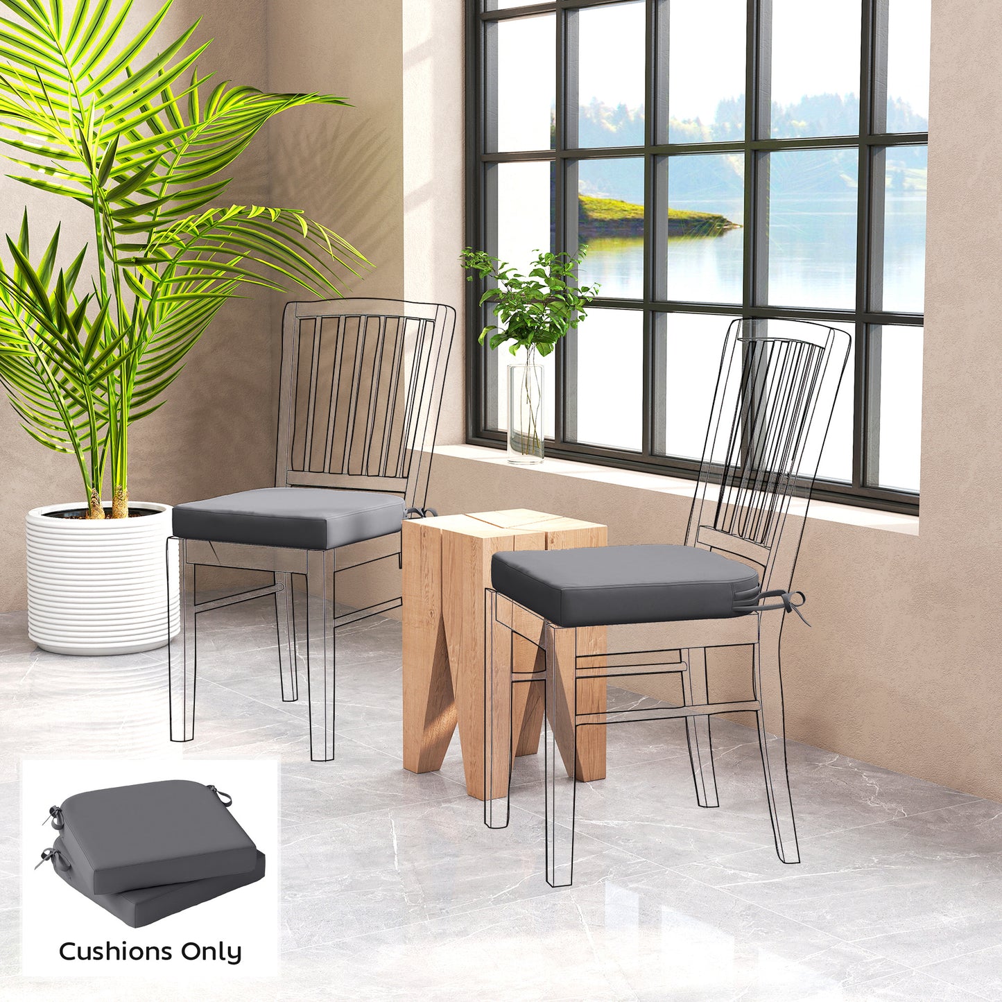 Outsunny Garden Chair Cushions Set Of 2 7cm Thick Foam With Ties Dark Grey Water Repellent