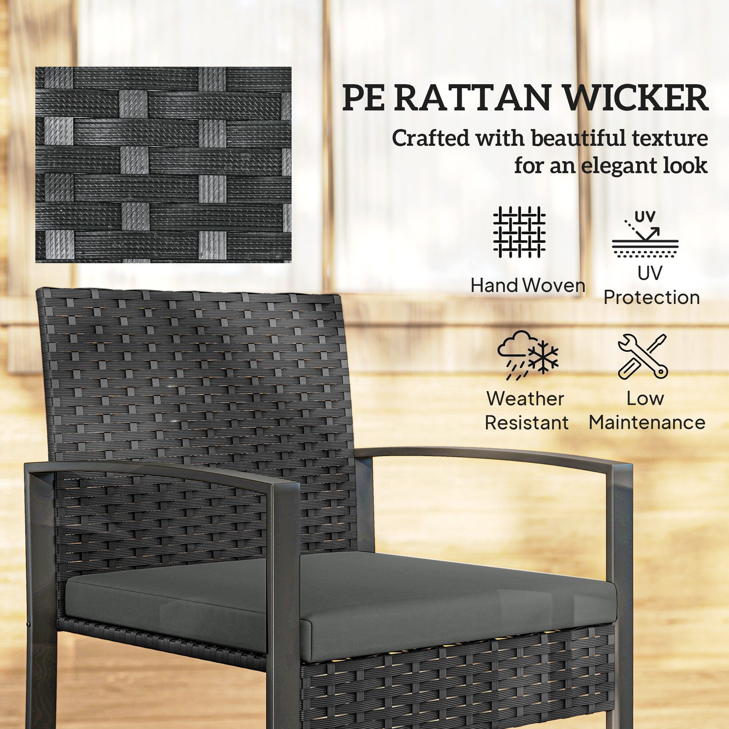 Outsunny Rattan Bistro Set 3 Piece Garden Furniture All Weather PE Rattan Glass Top Table Cushions Dark Grey