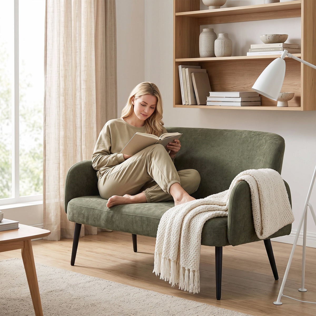 Green velvet sofa for two with wide seat and curved arms, shown in a living room