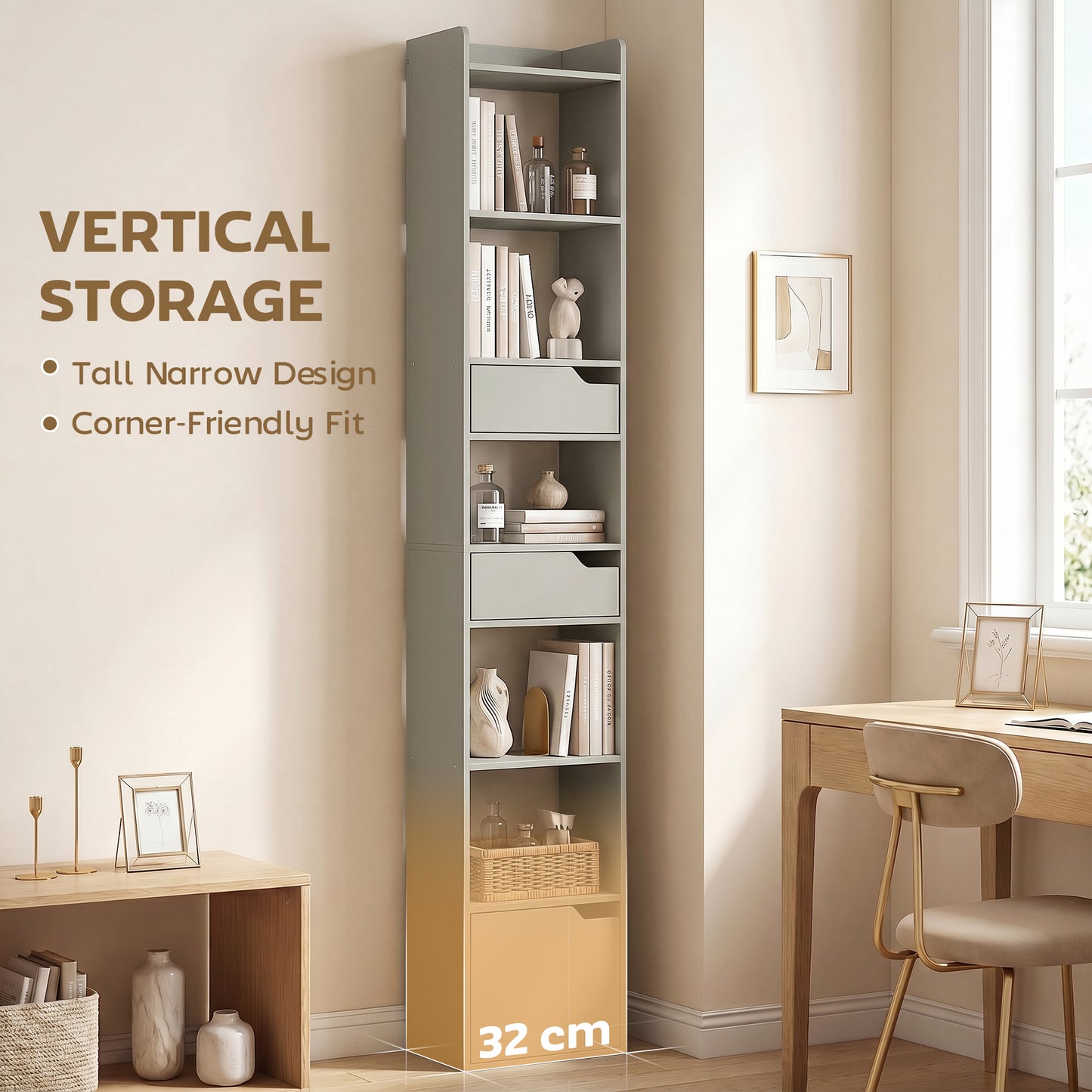 HOMCOM Tall Narrow Bookcase With 5 Tiers And Drawers Freestanding Storage Cabinet For Living Room Grey