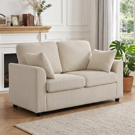Beige corduroy 2-seater sofa with wide arms and plush back cushions.