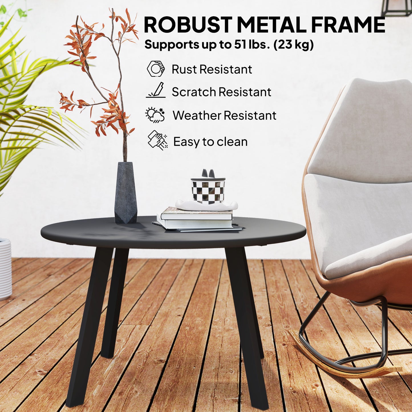 Outsunny 70cm Round Coffee Table Outdoor Garden Patio Black Non Slip Foot Pads Metal Frame