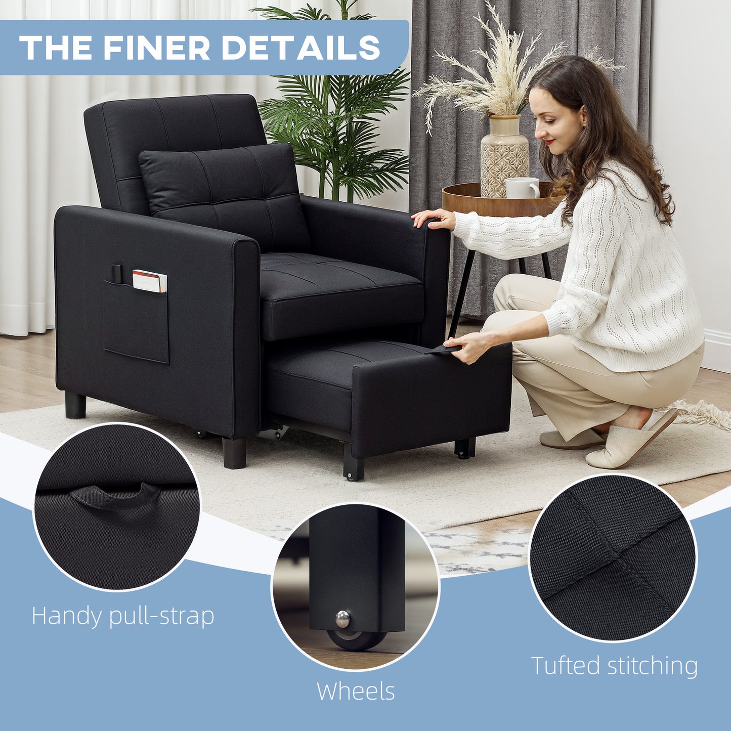 HOMCOM Linen Look 3 In 1 Single Chair Bed With 11 cm Thick Adjustable Back And Eucalyptus Wood Frame Black