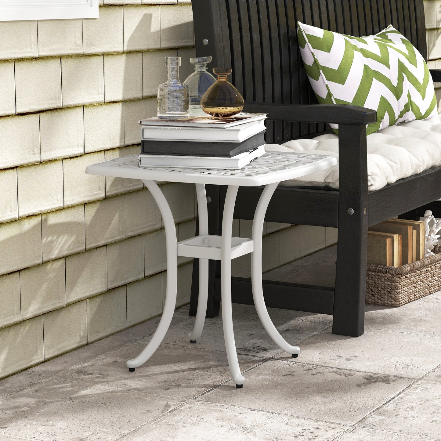 Outsunny Cast Aluminium Bistro Table With Floral Cutout Top And Umbrella Hole Outdoor Square Garden Side Table White
