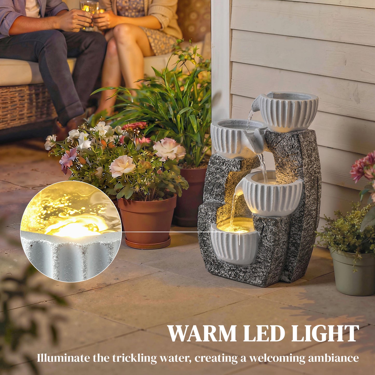 Outsunny 4 Tier Bowl Water Feature Indoor Outdoor Garden Fountain with Pump LED Lights Resin Cascading Waterfall