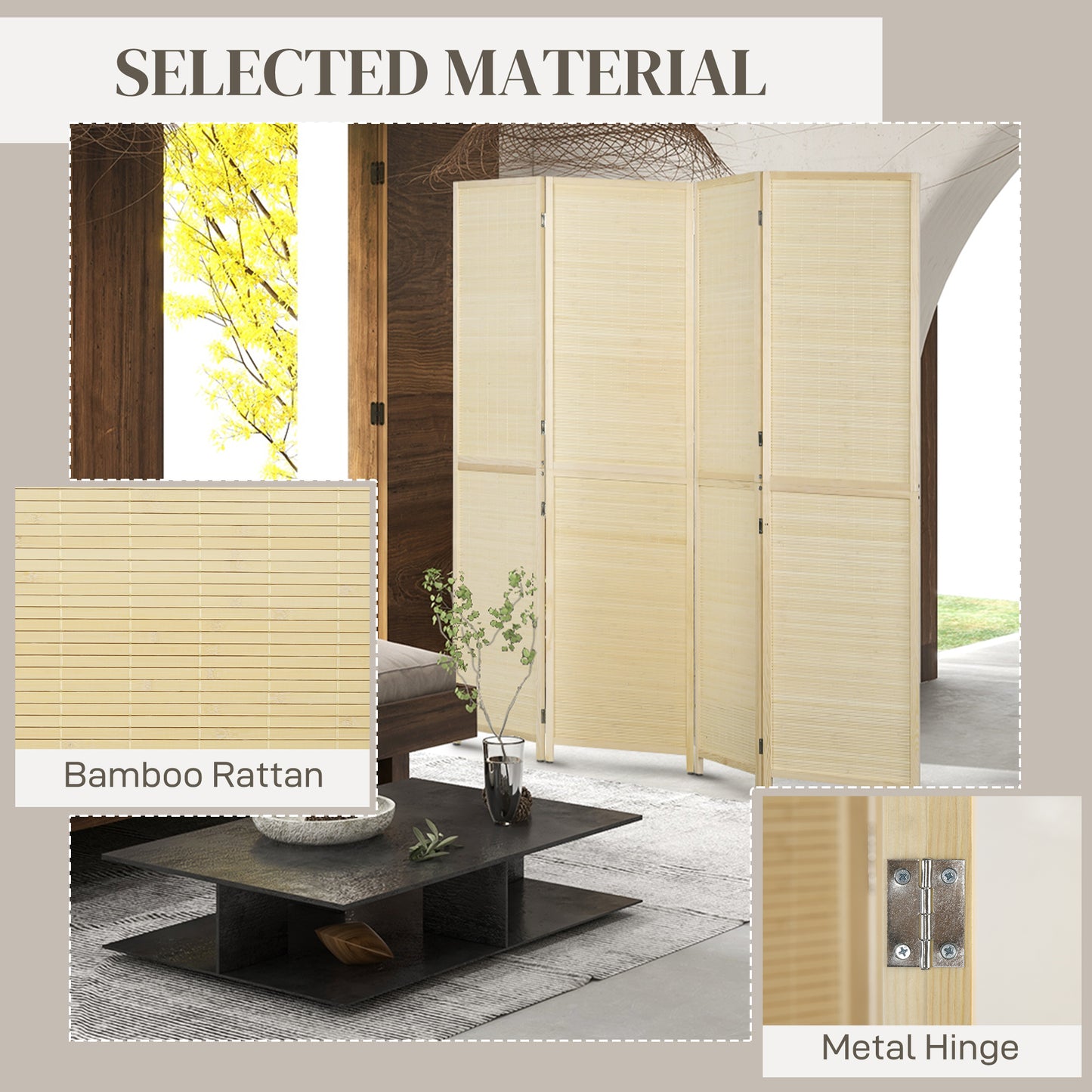 HOMCOM Room Divider Freestanding Privacy Screen 4 Panel Folding 180 x 180cm Natural Bamboo