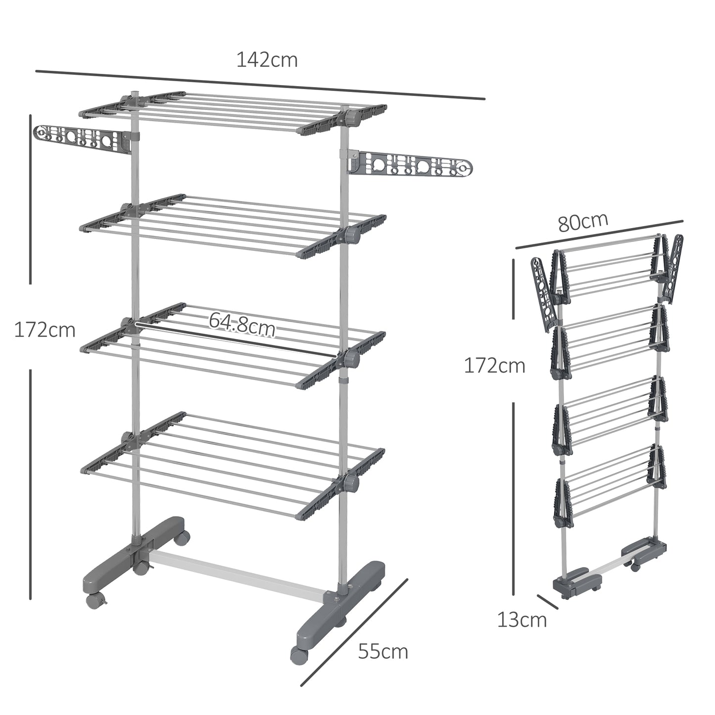 HOMCOM Foldable 4-Tier Clothes Drying Rack with Wheels & Adjustable Wings - Stainless Steel Laundry Airer - ALL4U RETAILER LTD