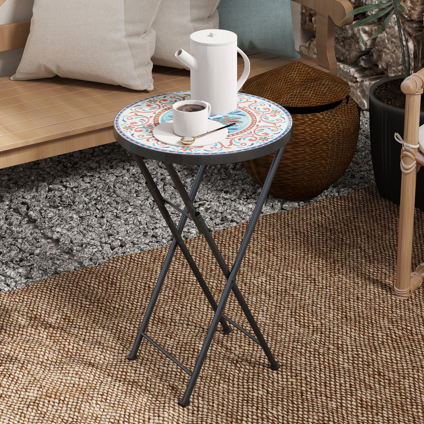 Outsunny Mosaic Outdoor Garden Table 35.5cm Round Folding Coffee Table With Metal Frame For Balcony Terrace Multicolour