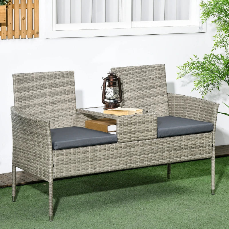 Outsunny Rattan Garden Bench w/ Glass Tea Table, Wicker Chair w/ Cushions Grey - ALL4U RETAILER LTD