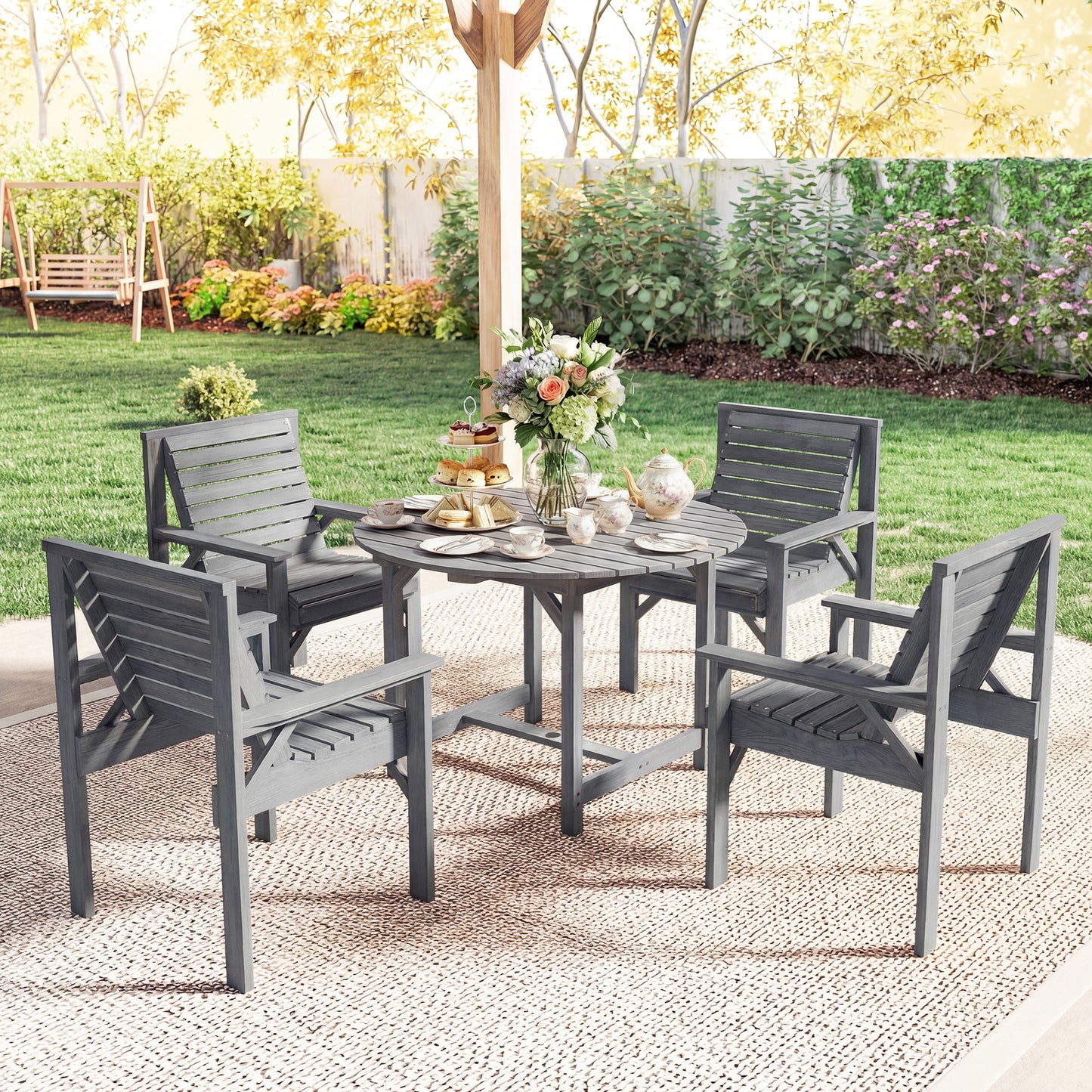Outsunny 5 Piece Garden Dining Set With Parasol Hole, Round Table And Chairs, 4 Seater Wooden Outdoor Furniture, Grey