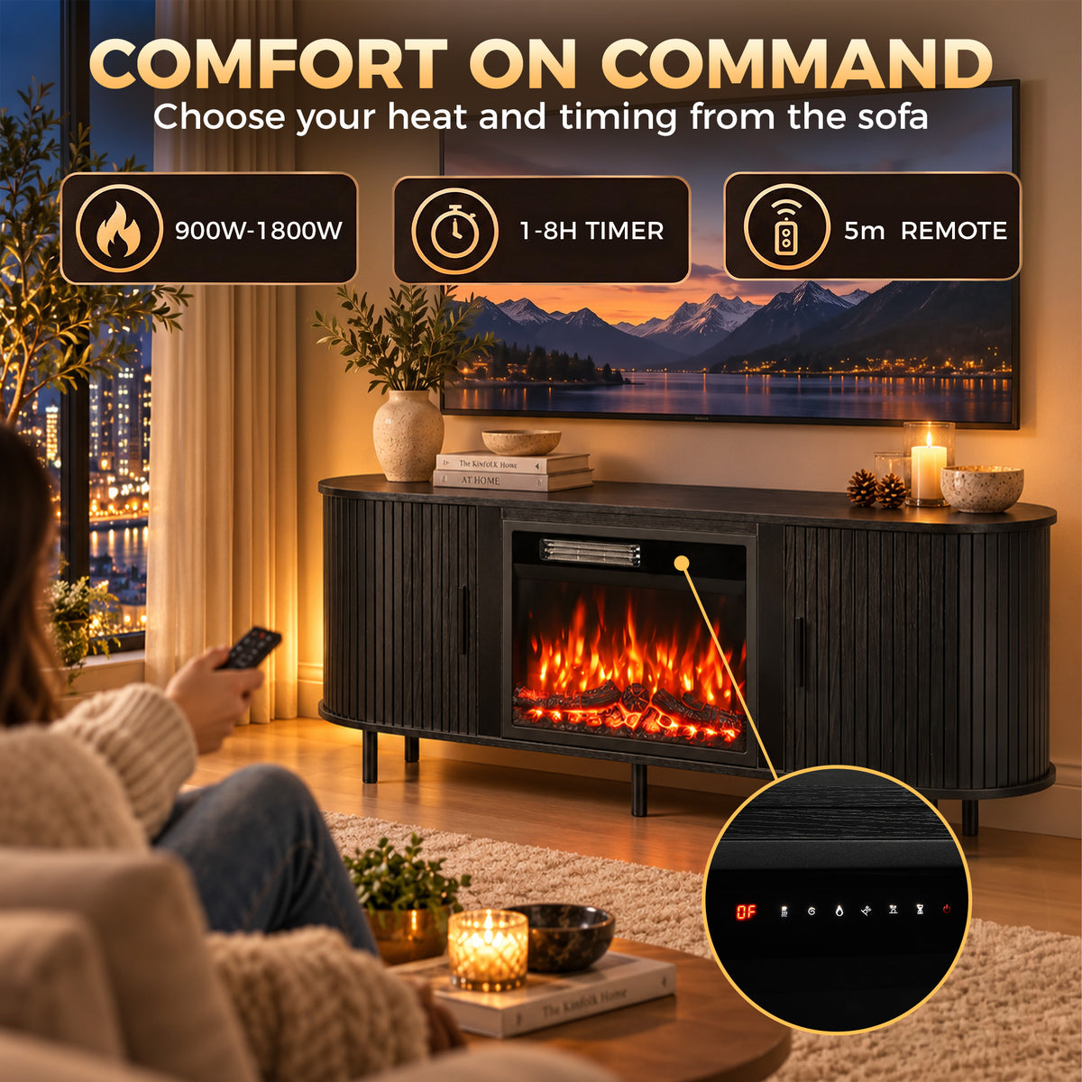 Heated TV stand remote control with 1–8h timer, 900–1800W power, and 5m range