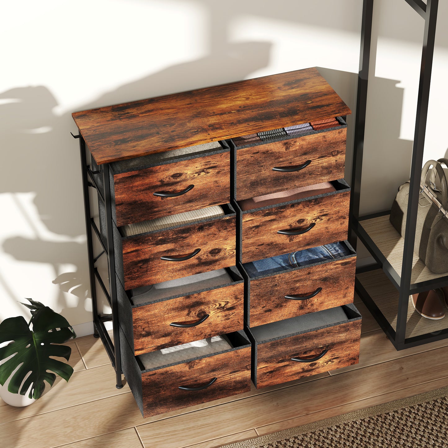 HOMCOM Chest Of Eight Fabric Drawers Rustic Brown With Steel Frame And X Bars For Bedroom Storage