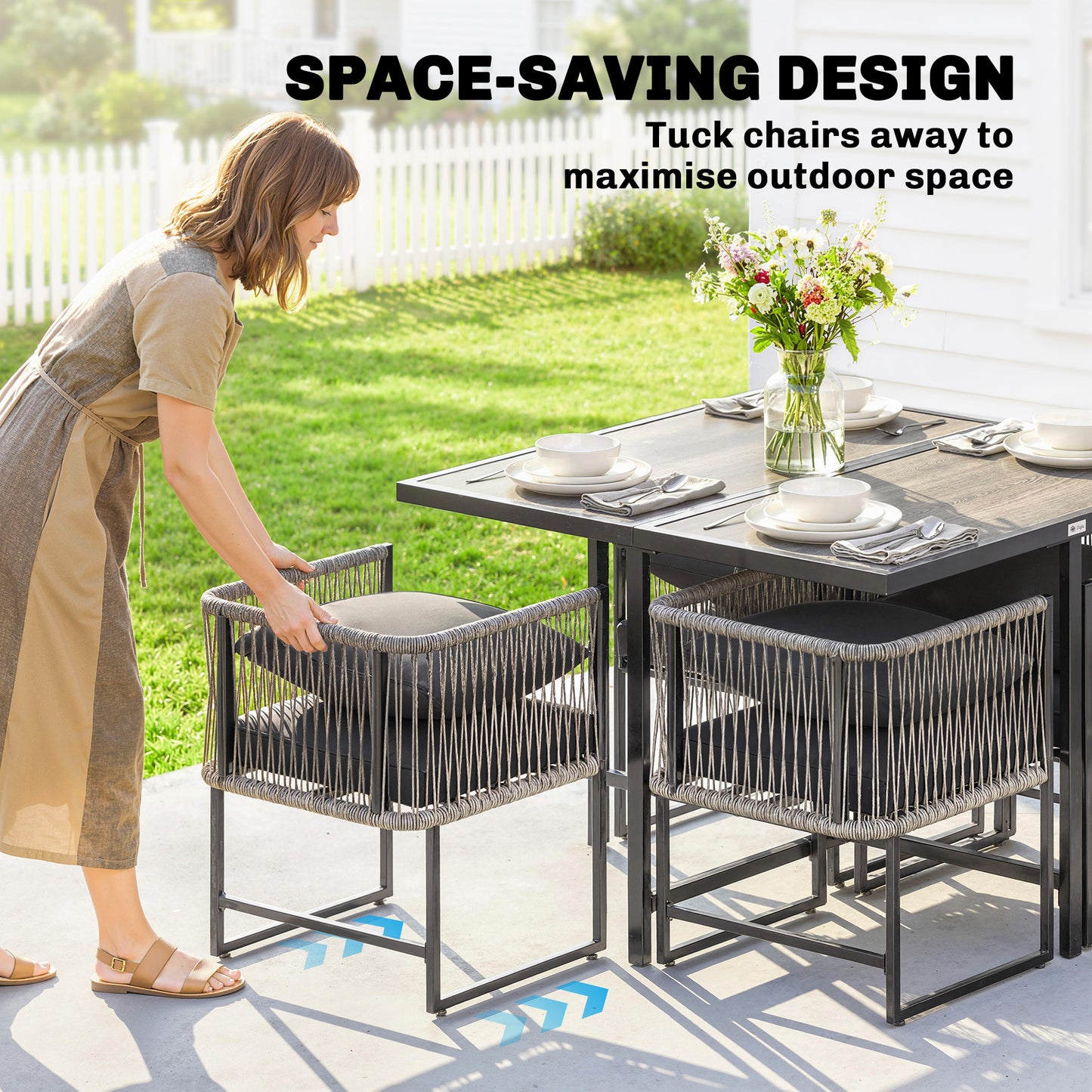 Outsunny 4 Seater Garden Dining Set Rattan Furniture With Space Saving Chairs And Thick Cushions For Patio Black
