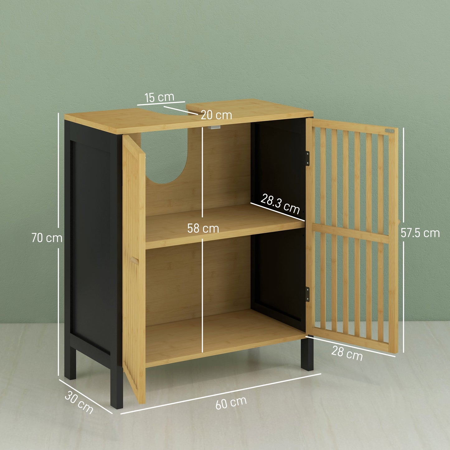 HOMCOM Bamboo Under Sink Storage Cabinet with Adjustable Shelf & U-Shape Slot - Bathroom Vanity Unit - ALL4U RETAILER LTD