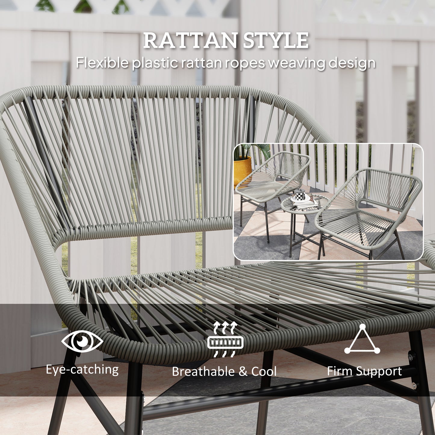Outsunny 3 Piece Rattan Bistro Set With Cushioned Chairs Glass Top Table Outdoor Patio Balcony Light Grey