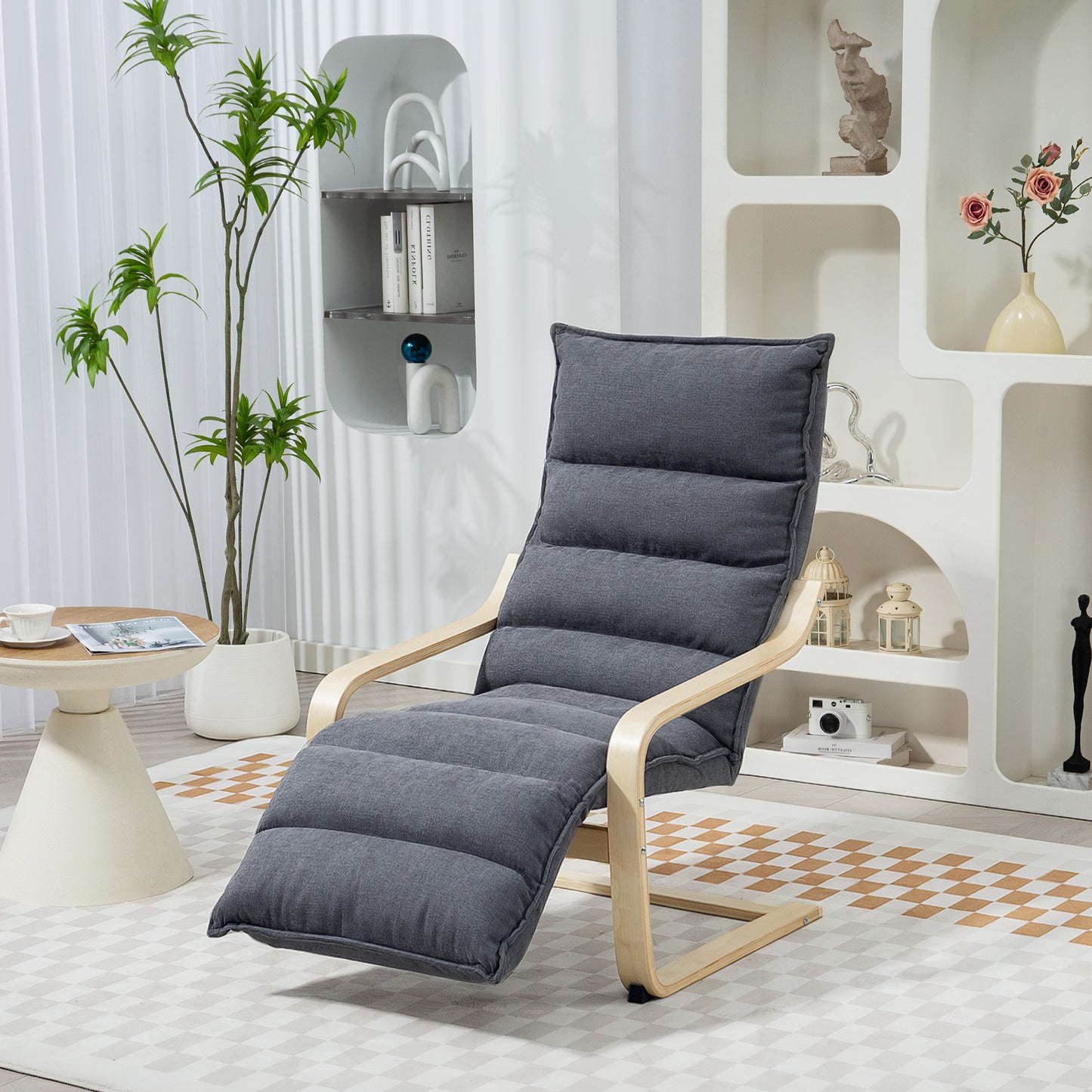 HOMCOM Curved Wooden Accent Chair With Adjustable Footrest Dark Grey Velvet Upholstery 12cm Padded Seat For Comfort