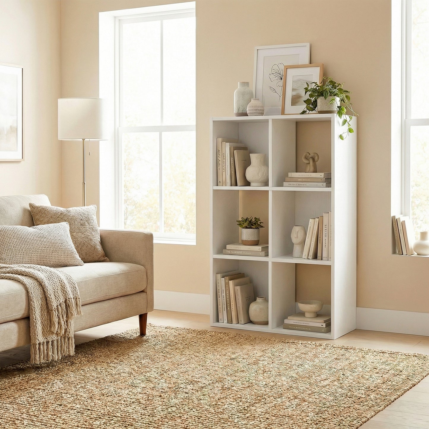 HOMCOM Industrial Style Storage Shelf Bookcase With 6 Compartments White Wood Effect For Living Room And Home Study