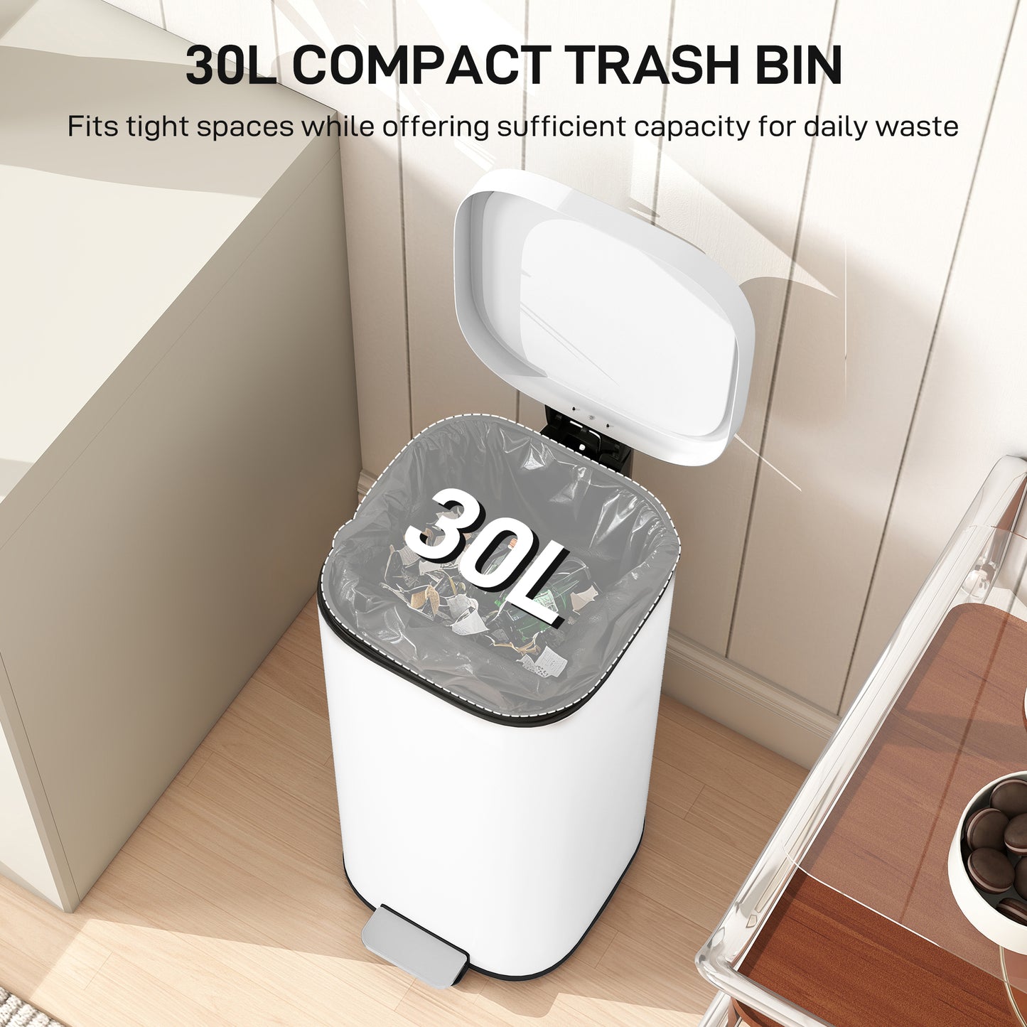 HOMCOM 30L Kitchen Bin Compact Pedal Bin With Soft Close And Stay Open Lid Removable Bucket For Kitchen Office White