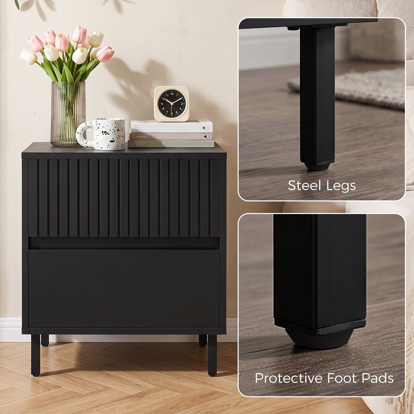 Homcom Black Nightstand With Two Drawers And Steel Legs For Bedroom