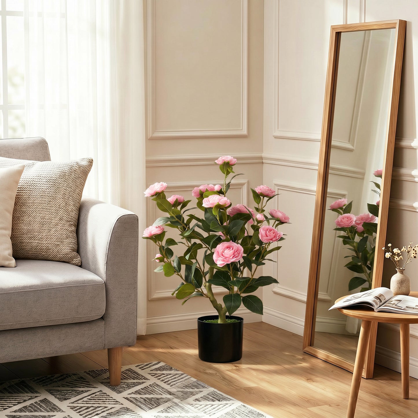 HOMCOM 65cm Artificial Camellia Flower in Pot with 116 Lush Leaves and Moss Effect Weighted Base Pink
