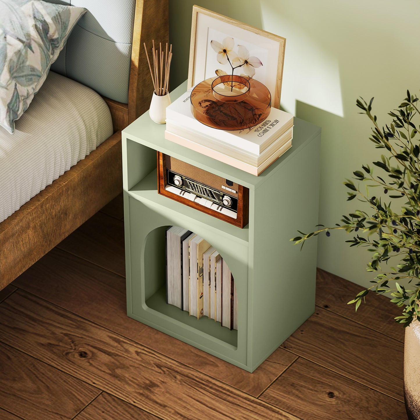 HOMCOM Bedside Table With Two Open Compartments Arch Design Light Green End Table For Small Spaces
