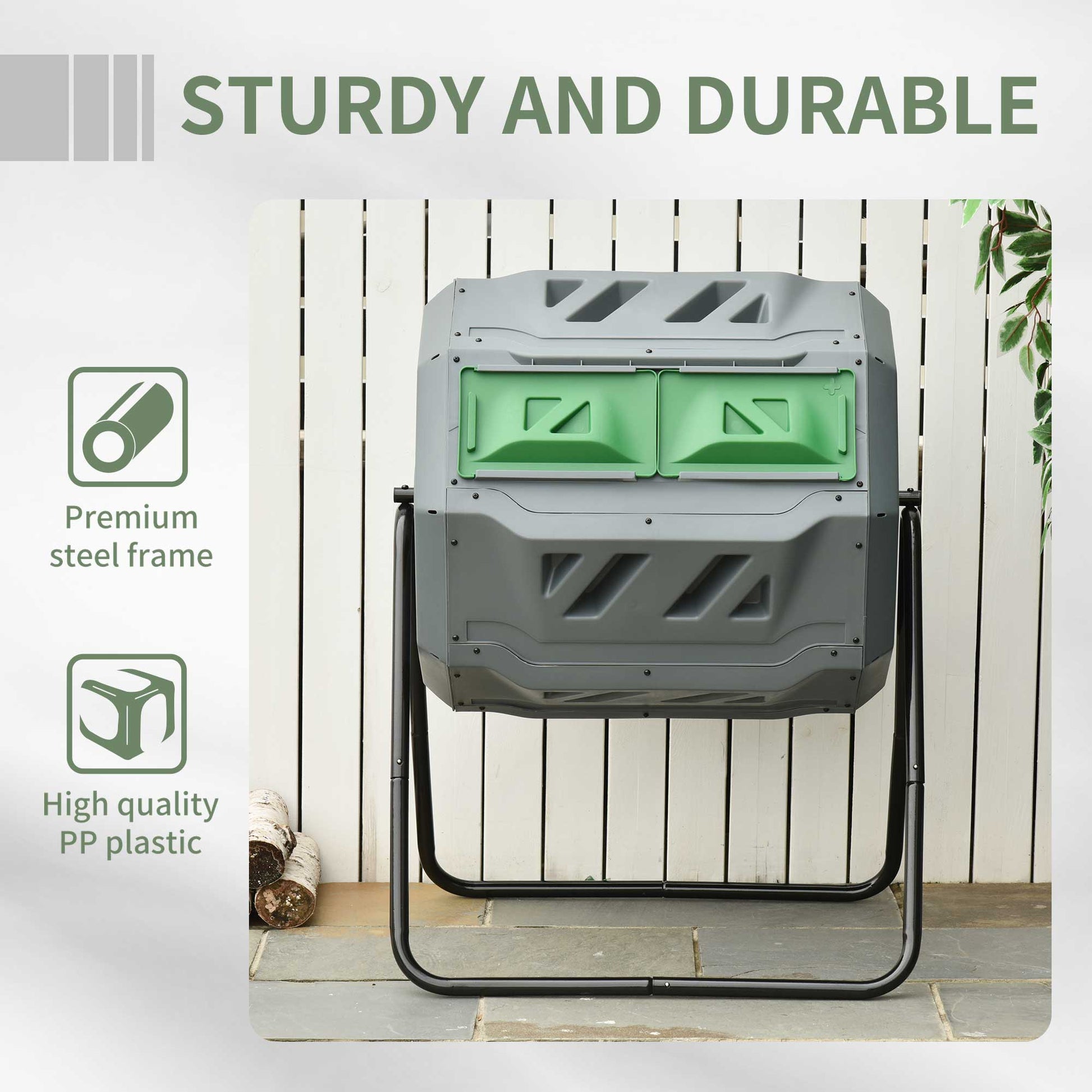 Outsunny 160L Outdoor Dual Chamber Tumbling Composter with 360° Rotation, Sliding Doors & Sturdy Steel Frame in Grey - ALL4U RETAILER LTD